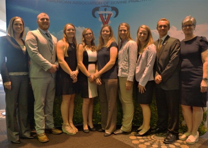 2019 Amtutz Scholarship Fund Recipients. (L-R): AABP Amstutz Chair Dr. Callie Willingham, AustinWenck, Megan Oswald, Shelbey Nagle, KaraLyn Lonngren, Liz Forker, Grace Ertle, Jonathan Richardson, AABPFoundation Chair Dr. Virginia Fajt