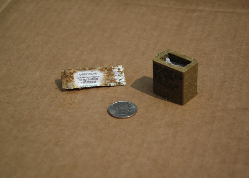Another oral rabies vaccine currently in use, RABORAL V-RG, uses baits coated with a fishmeal attractant and is packaged in one-inch square cubes or two-inch plastic sachets.