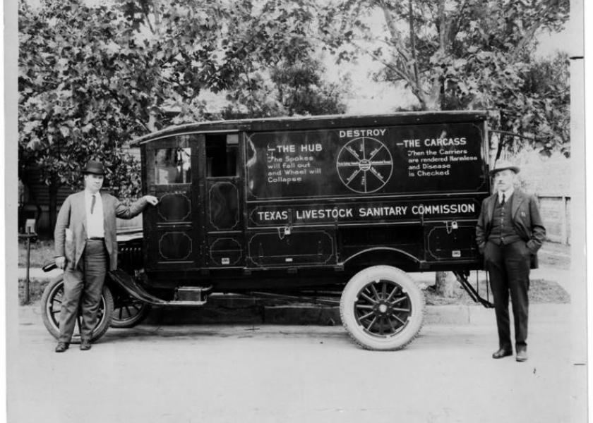 Two men stand next to the Texas Livestock Sanitary Commission van, whose purpose was to dispose of carcasses, and other materials that would be in danger of contaminating the water, wind or the ground
