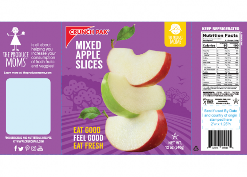 The Produce Moms logo featured on Crunch Pak sliced apple bags